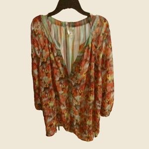 Fig and Flower, sz 2x, floral/stripe green/ pink/ orange